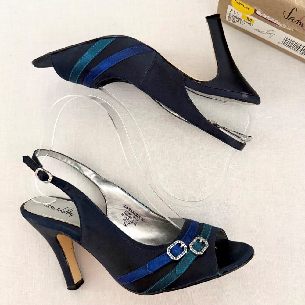 Sam and Libby Heels Size 7 Blue Multi Satin Slingback Open Toe Pumps Y2K - Picture 2 of 9